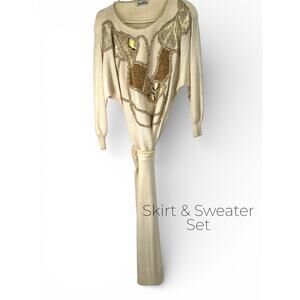vintage 80' M gold applique beaded skirt sweater set outfit snakeskin handmade